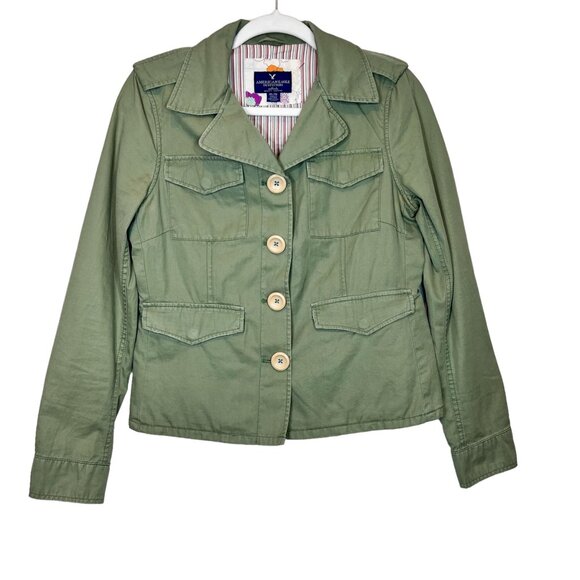 American Eagle Outfitters Jackets & Blazers - American Eagle Womens Jacket Green Collared Tan Button Down Size Medium